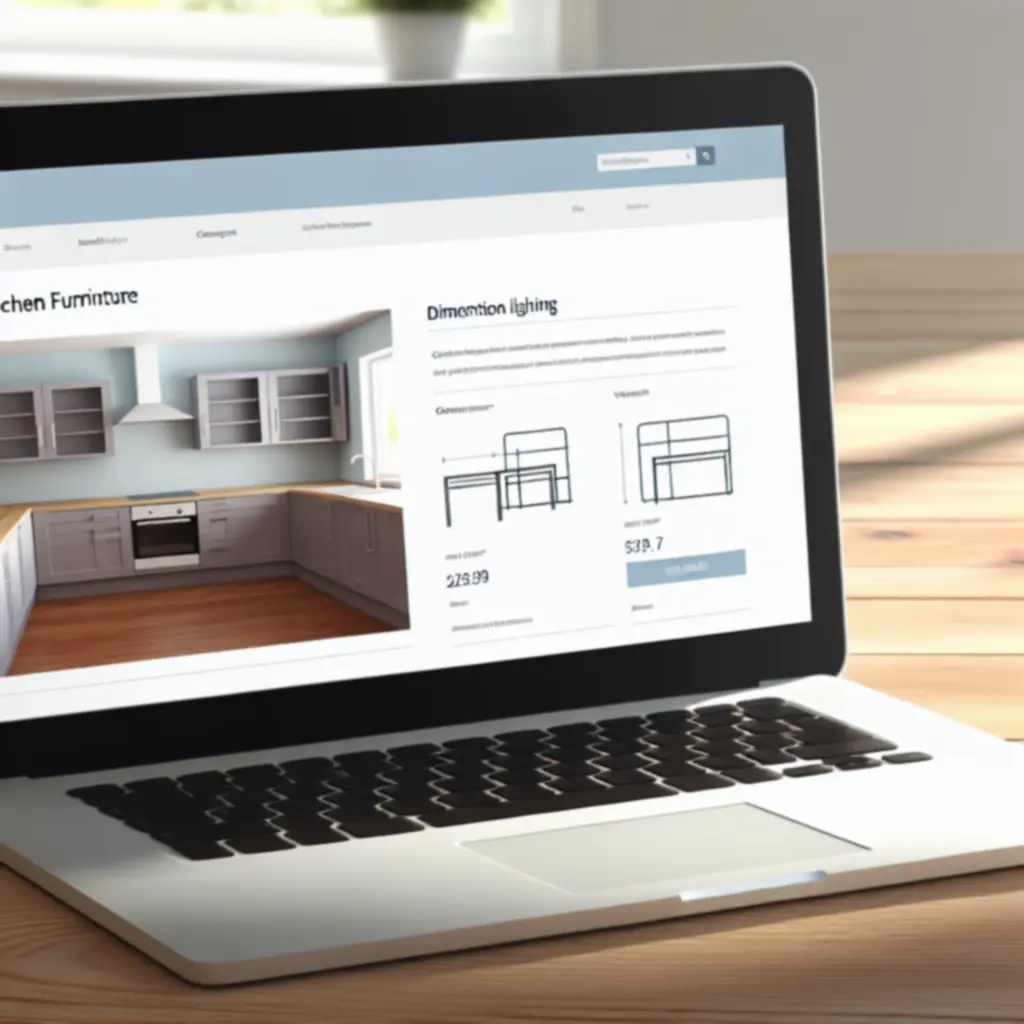 Przykładowa strona produktu Kitchen Furnio z tabelą wymiarów i schematem poglądowym