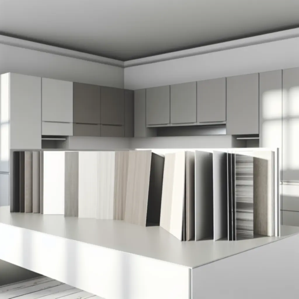 Próbki nowoczesnych wykończeń frontów kuchennych w różnych kolorach i stopniach połysku
