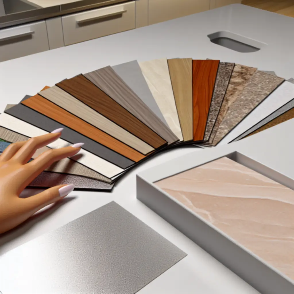 Zestaw próbek materiałów, kolorów i faktur frontów kuchennych