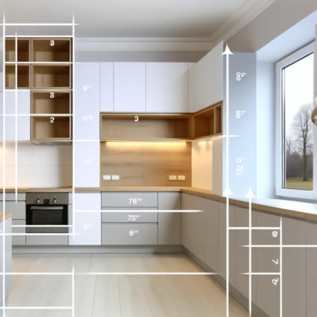 Schemat standardowych wymiarów szafek kuchennych górnych i dolnych