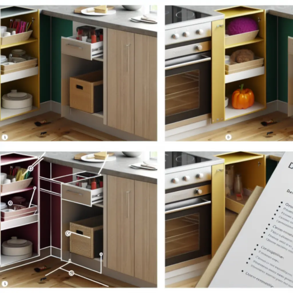 Schemat wymiarów szafek spiżarnianych, narożnych i wysuwanych systemów przechowywania